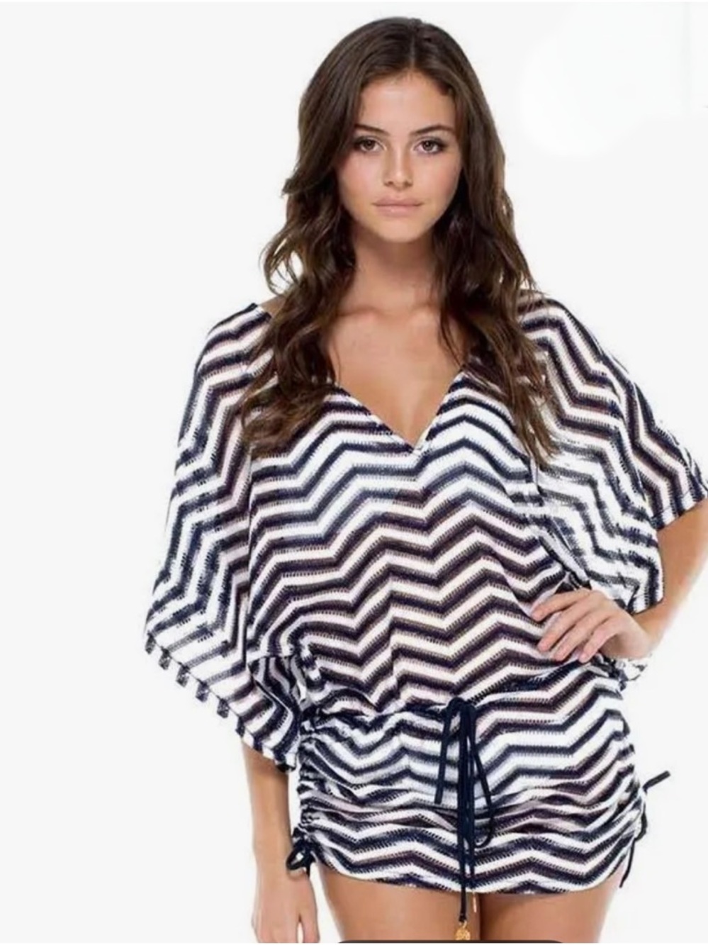 Luli Fama Chevron Swim Cover Up Navy White Small
